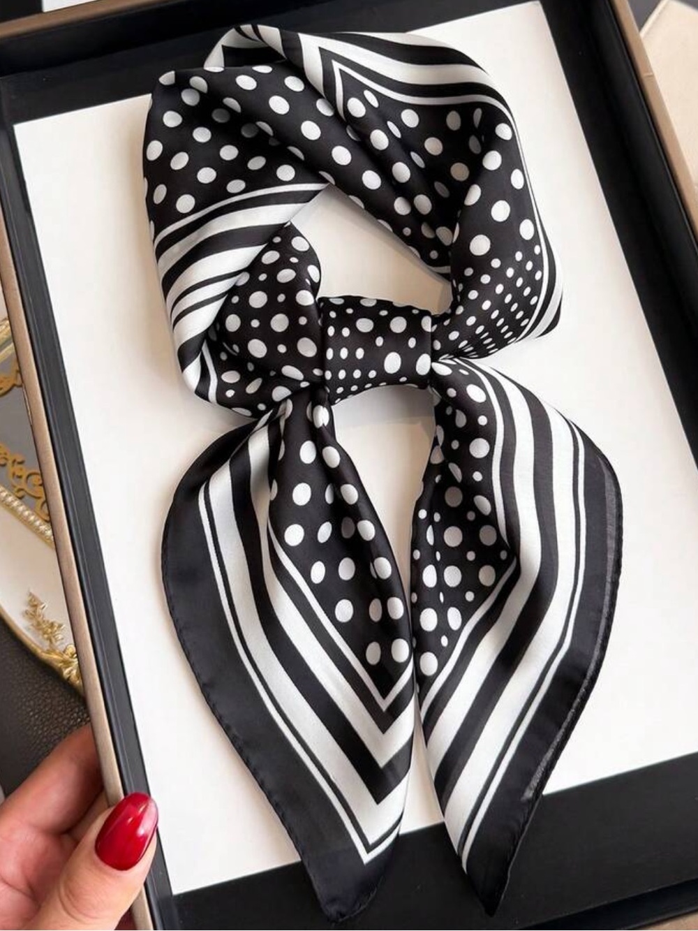 Black and White Polka Dot Silk-Feel Scarf - Classic Women's Wrap 27.5”